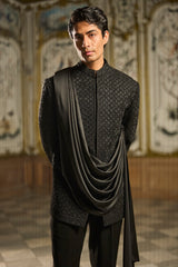 Black Draped Bandhgala Set