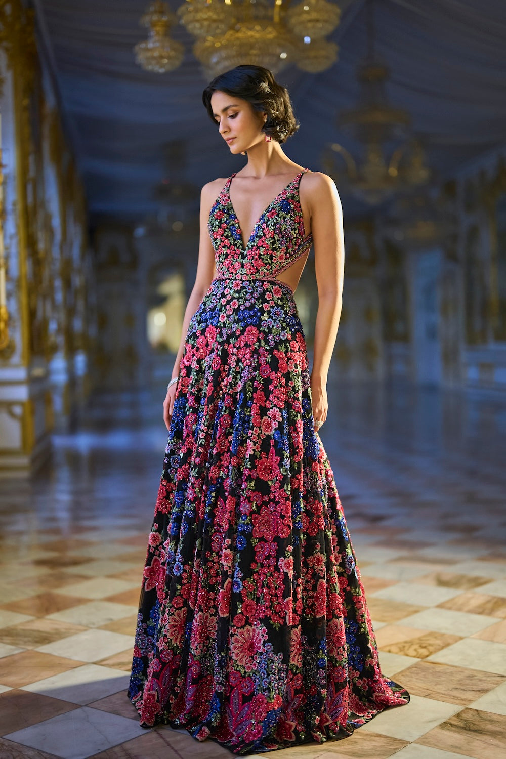 multi coloured evening dresses Halter Pleated Multicolor Print Evening Gown 42717