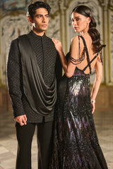 Black Draped Bandhgala Set