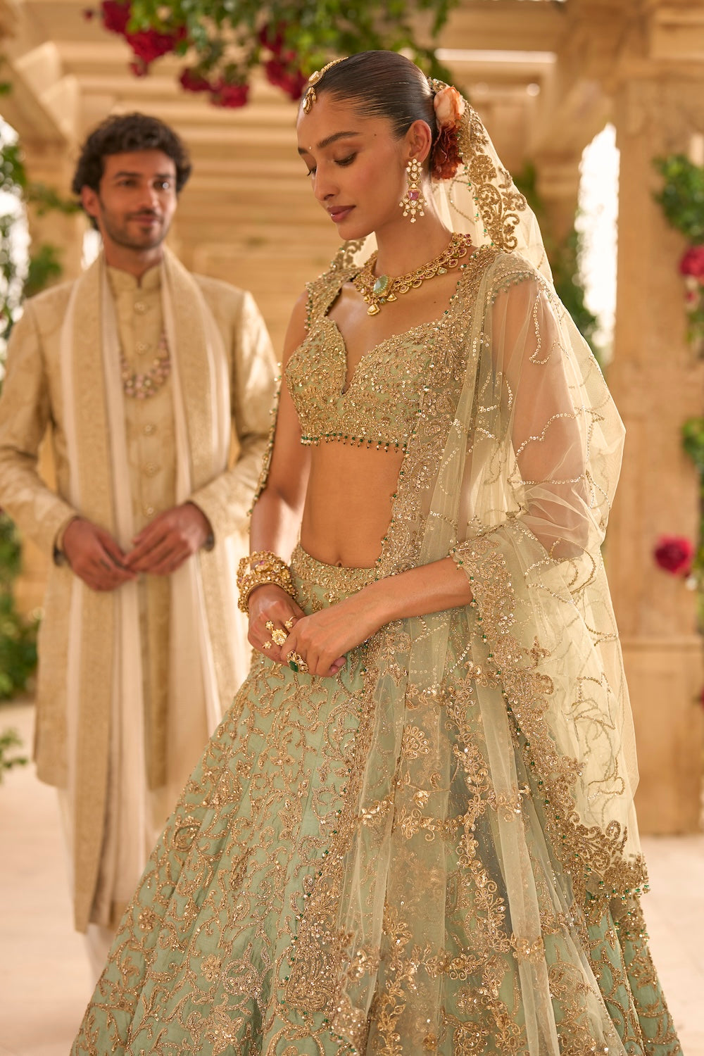 Sage Green Applique Work Lehenga Set