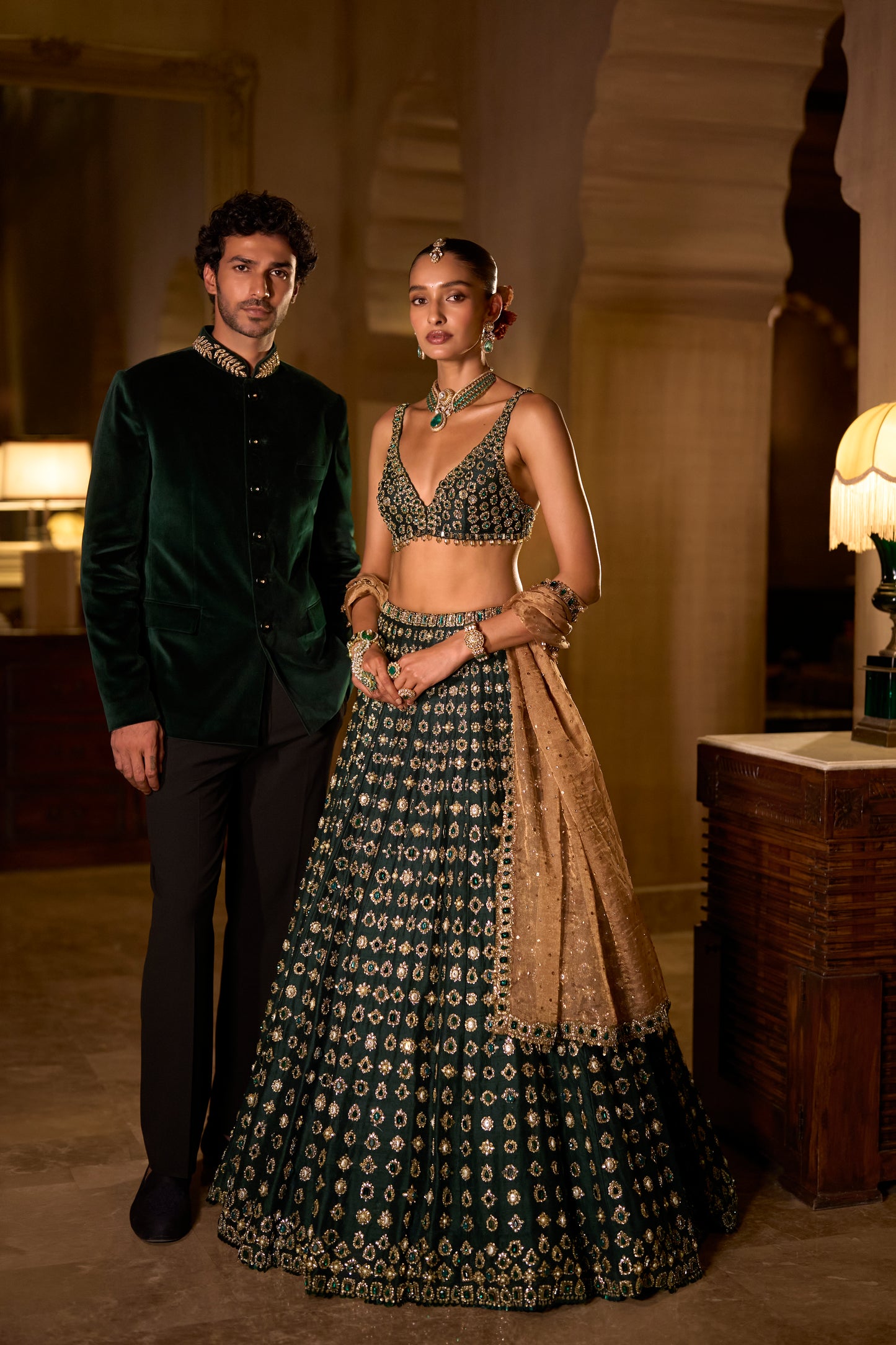 Emerald Green Velvet Bandhgala Set