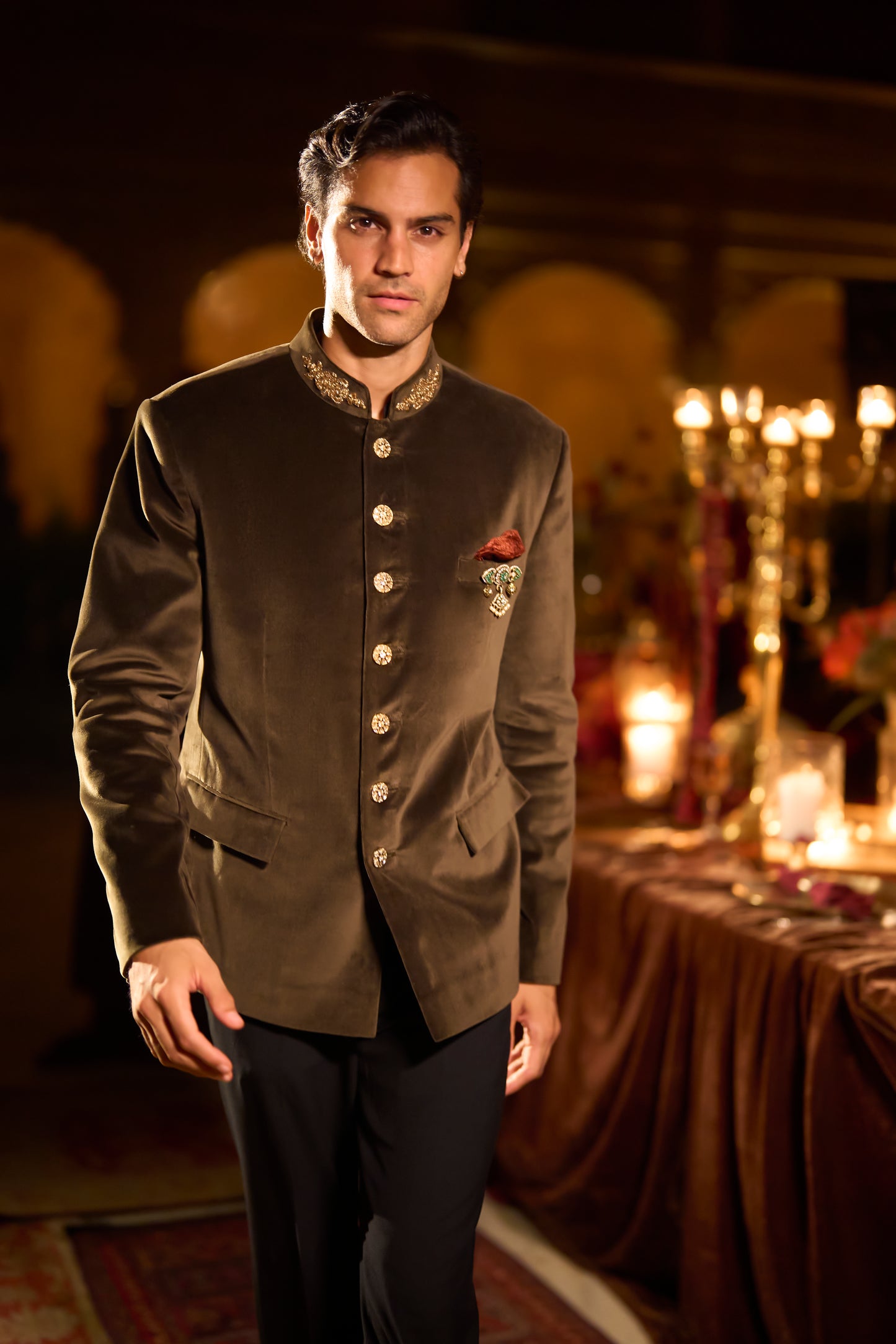 Olive Green Velvet Bandhgala Set