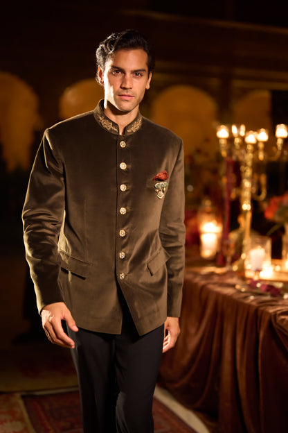 Olive Green Velvet Bandhgala Set