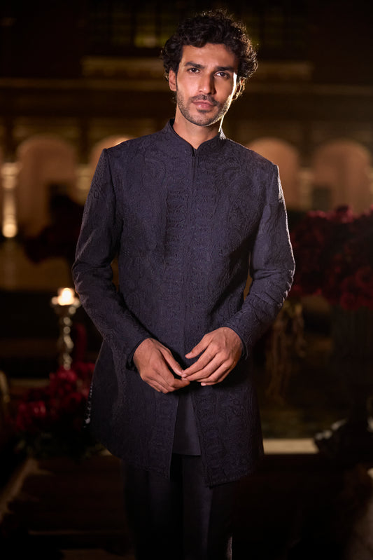 Navy Blue Abstract Sherwani Set