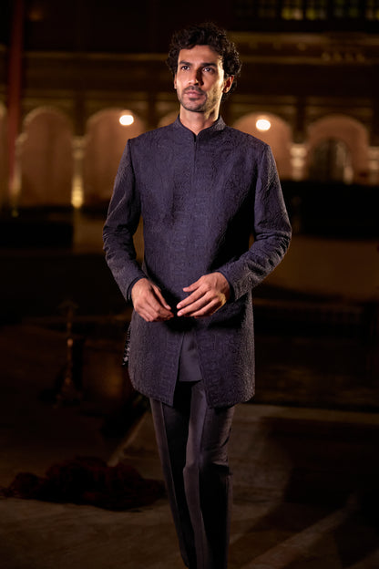 Navy Blue Abstract Sherwani Set