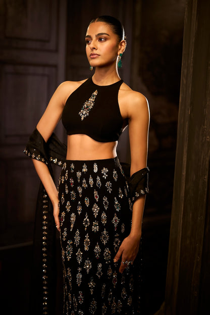 Black Crystal Skirt Set