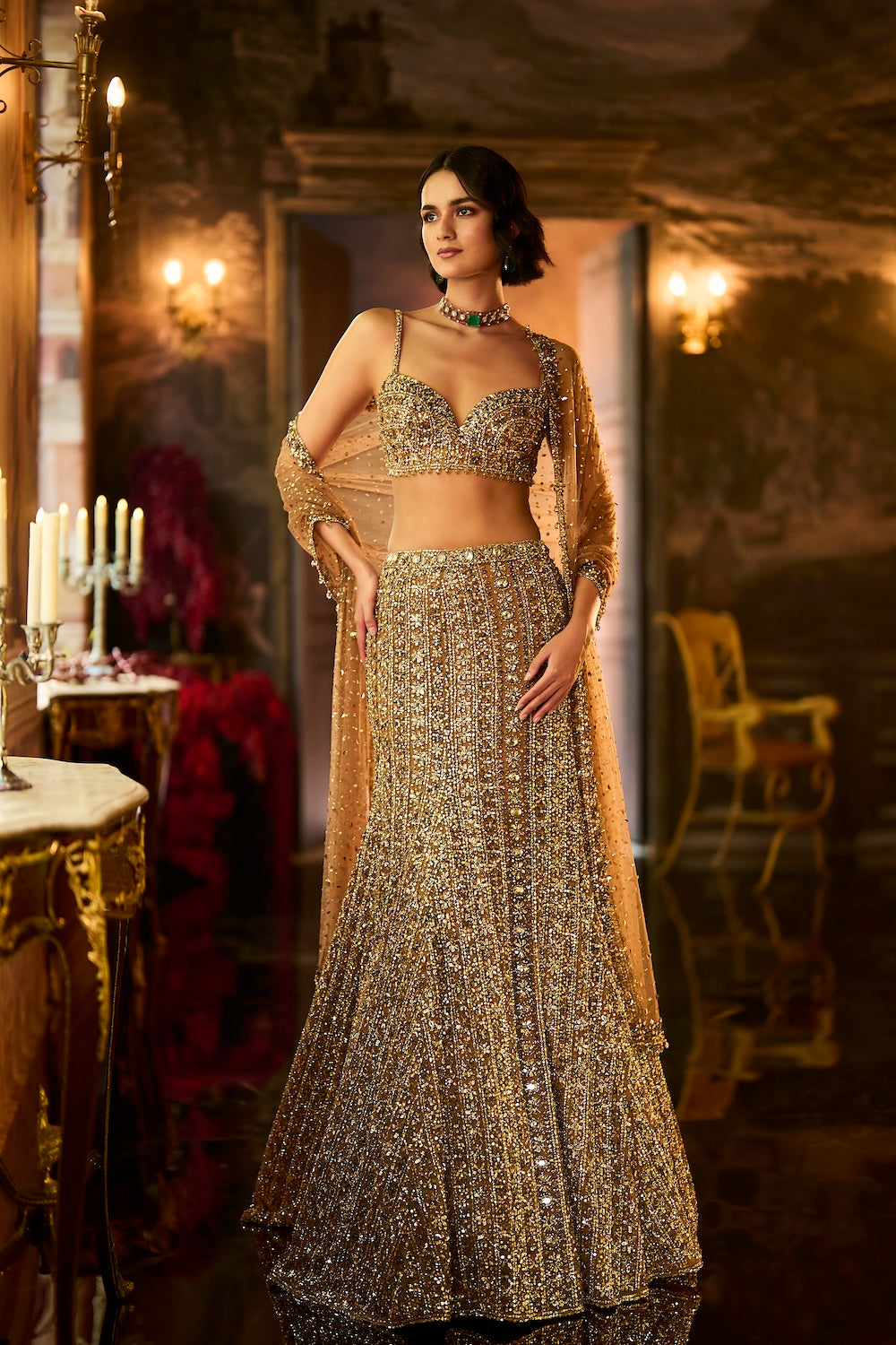 Antique Gold Crystal Fit & Flare Skirt Set