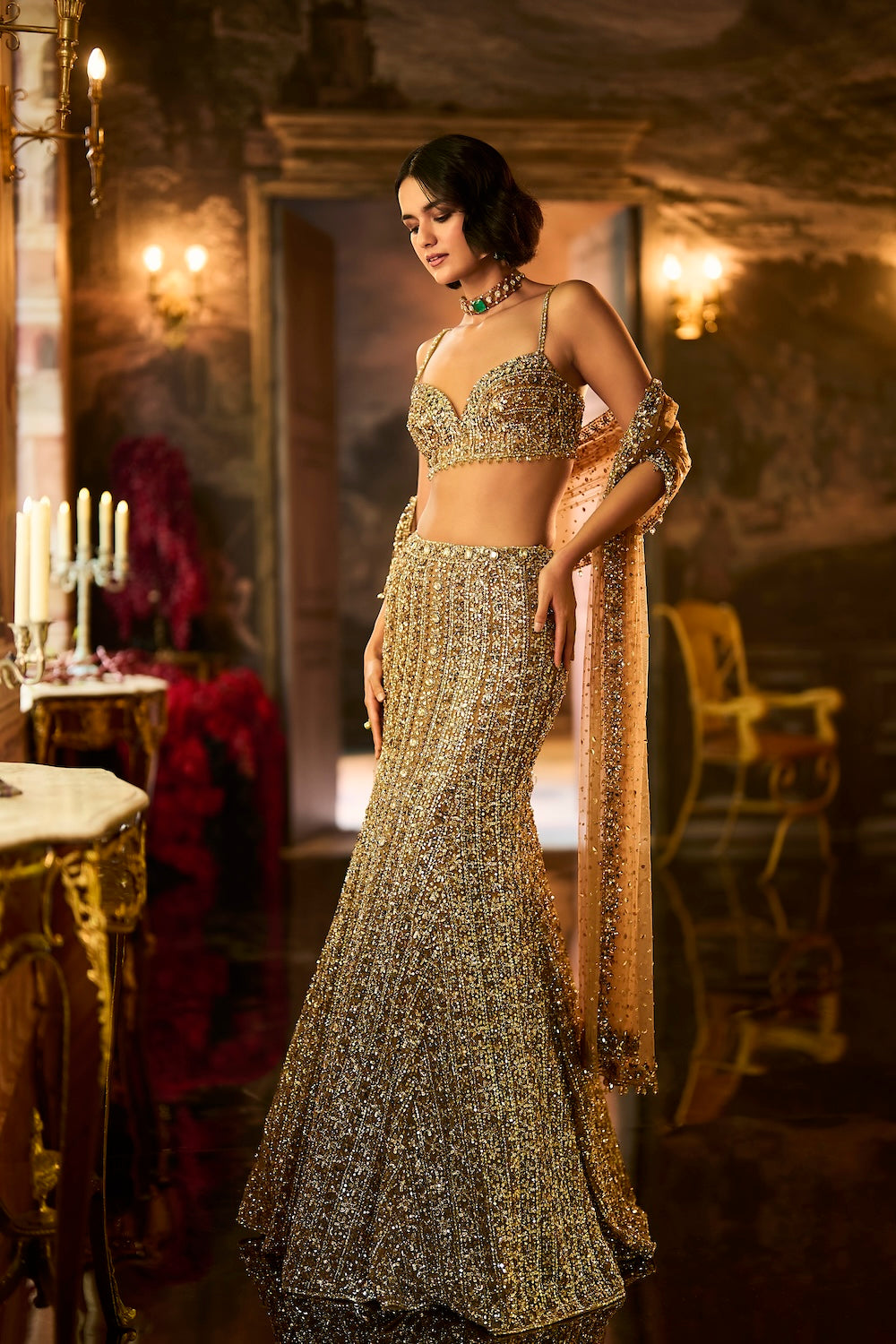 Antique Gold Crystal Fit & Flare Skirt Set