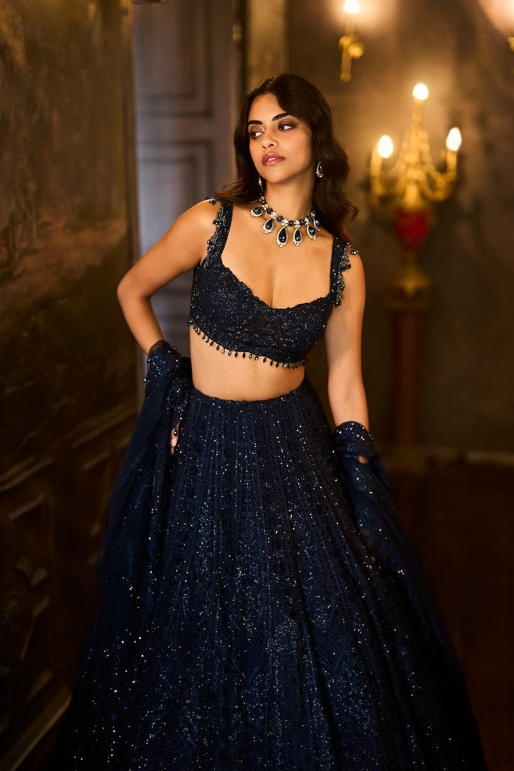 Navy Crystal Lehenga Set