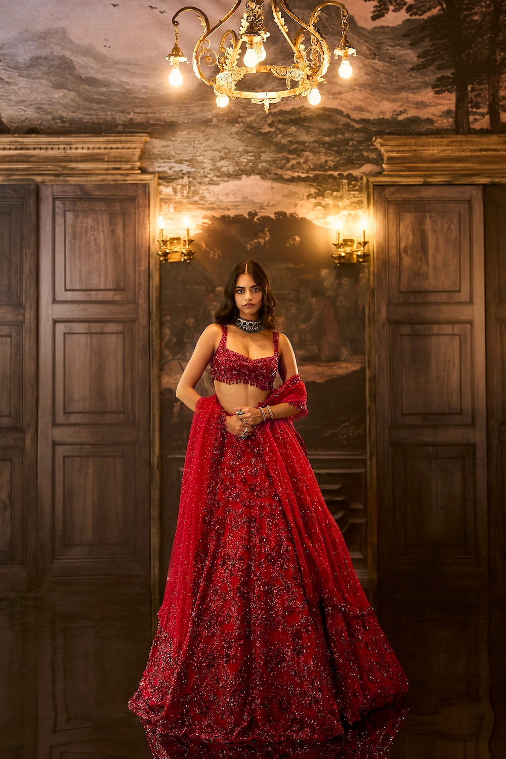 Red Sequin & Crystal Lehenga Set