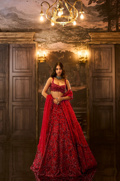 Red Sequin & Crystal Lehenga Set