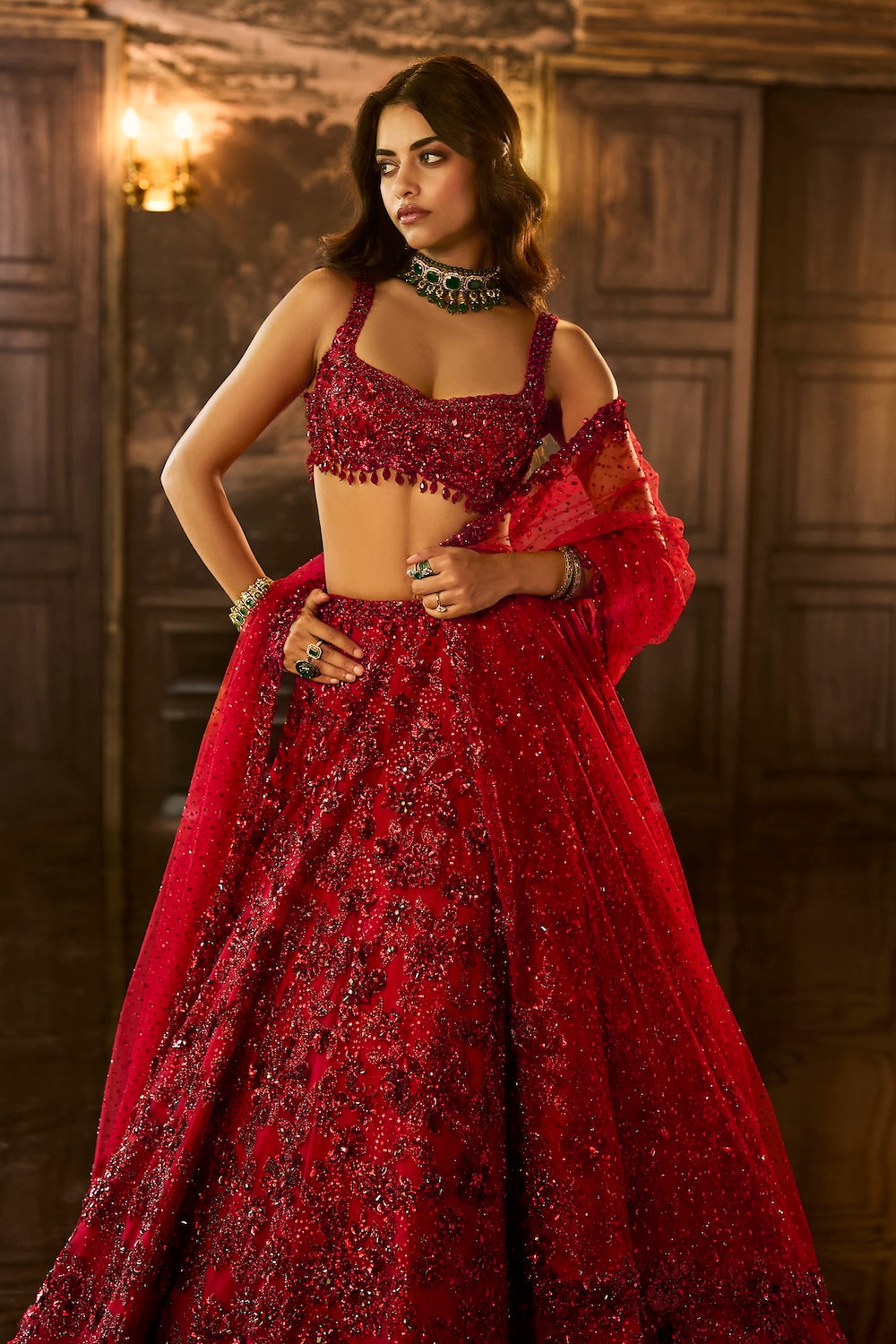 Red Sequin & Crystal Lehenga Set
