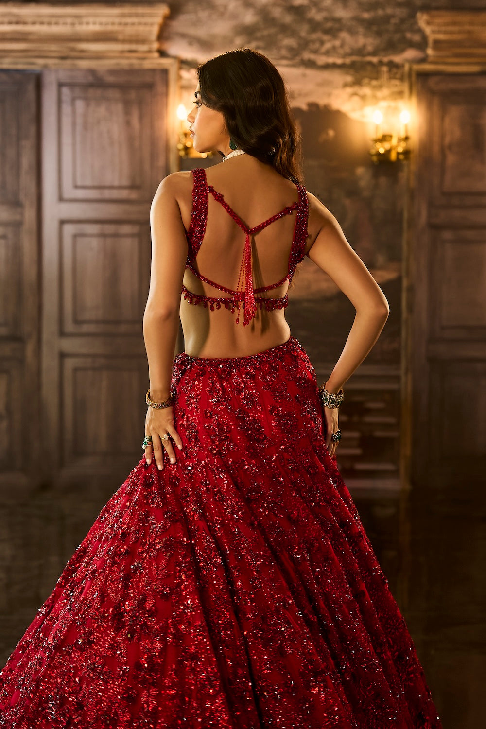 Red Sequin & Crystal Lehenga Set