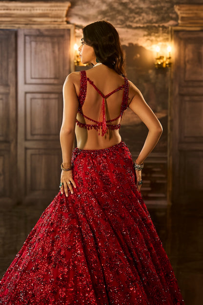 Red Sequin & Crystal Lehenga Set