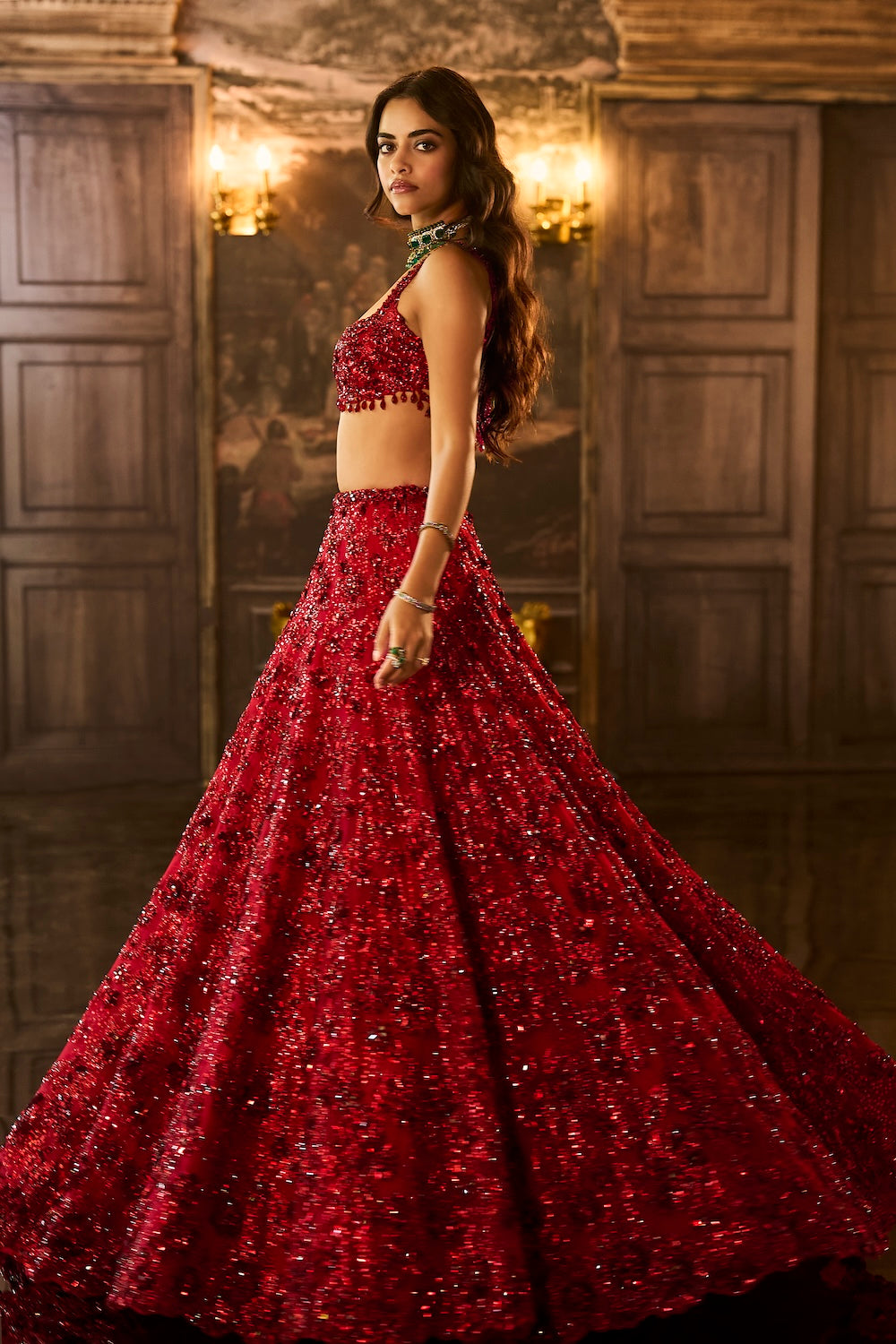 Red Sequin & Crystal Lehenga Set
