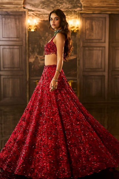Red Sequin & Crystal Lehenga Set