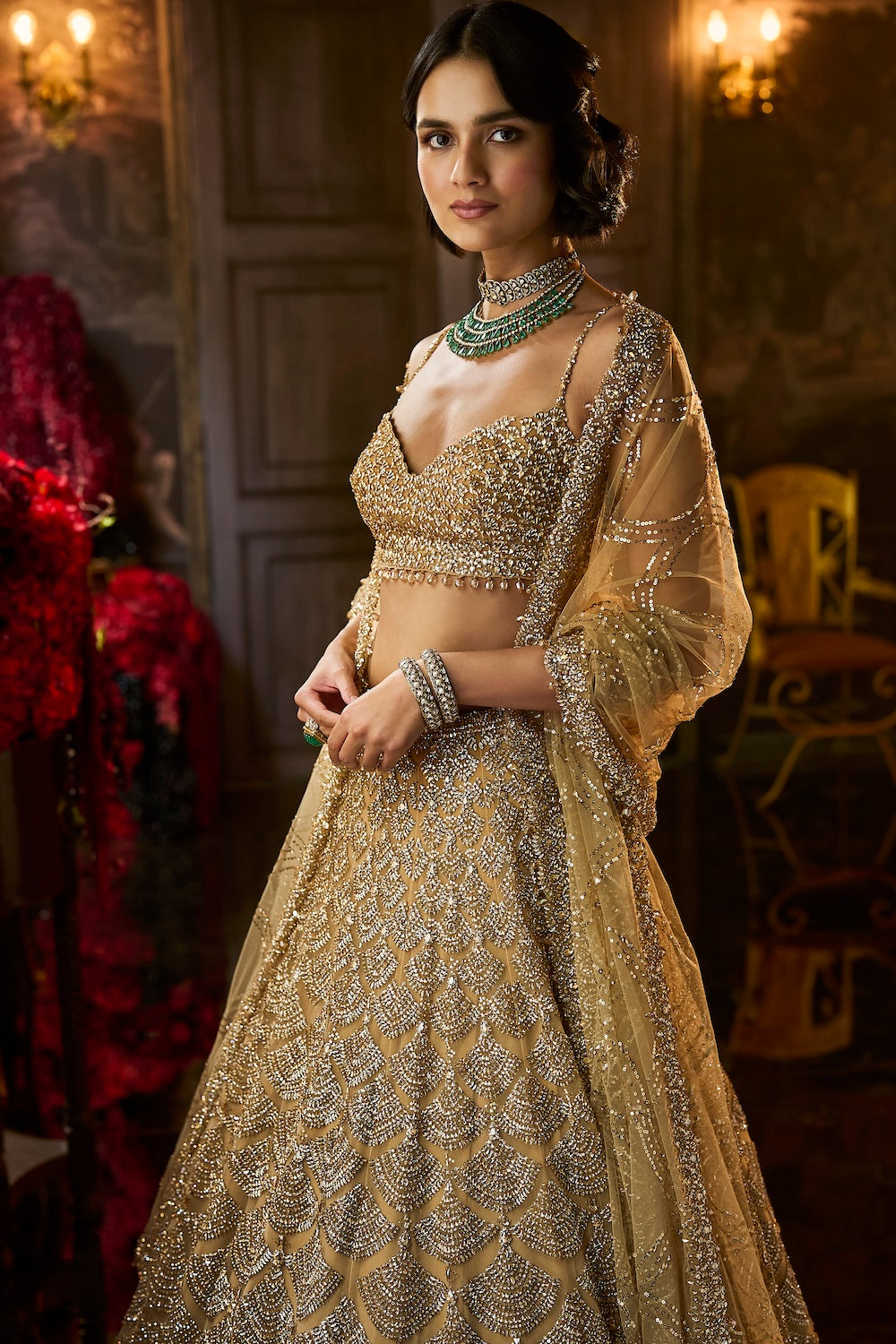Gold Sequin & Crystal Lehenga Set