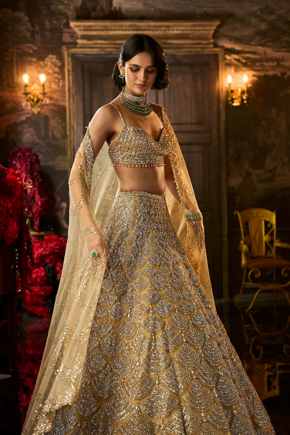 Gold Sequin & Crystal Lehenga Set