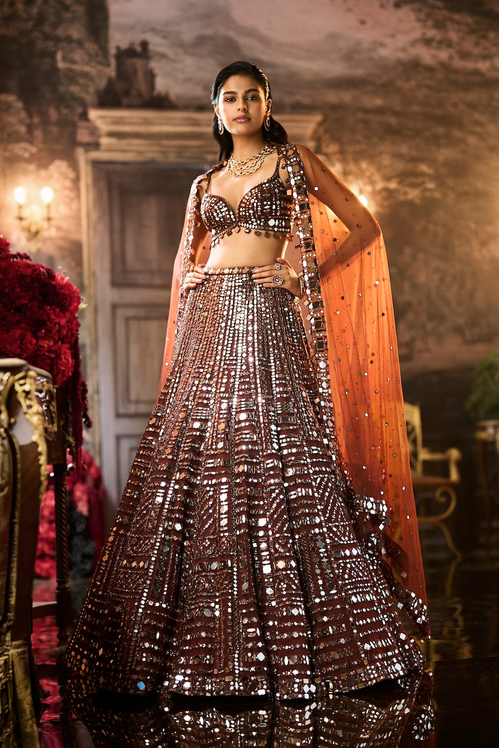 Copper Brown Mirror Work Lehenga Set