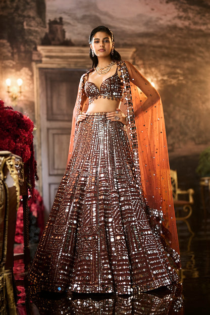Copper Brown Mirror Work Lehenga Set
