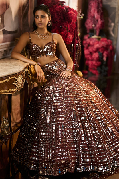 Copper Brown Mirror Work Lehenga Set