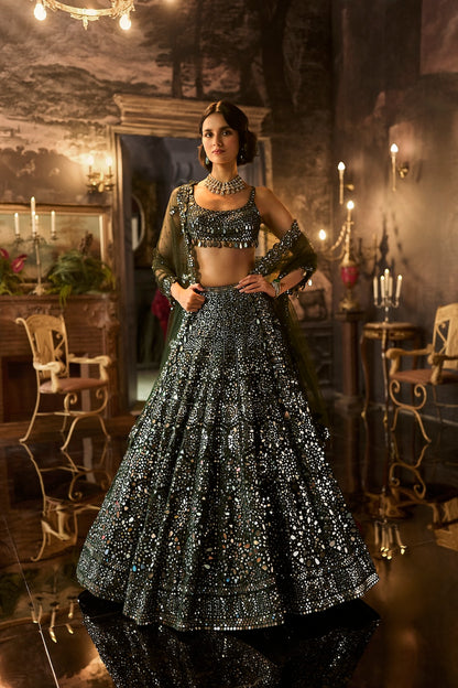 Dark Green Mirror Work Lehenga Set
