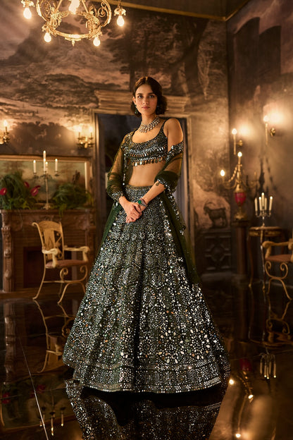 Dark Green Mirror Work Lehenga Set