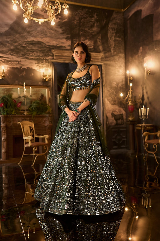 Dark Green Mirror Work Lehenga Set