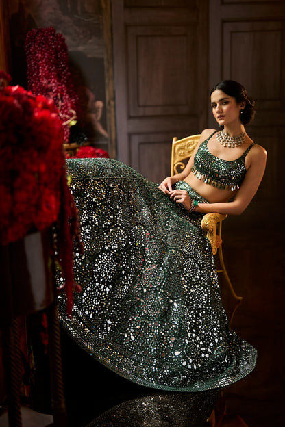Dark Green Mirror Work Lehenga Set