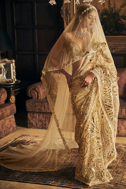 Cream Gold Mirror Work Saree