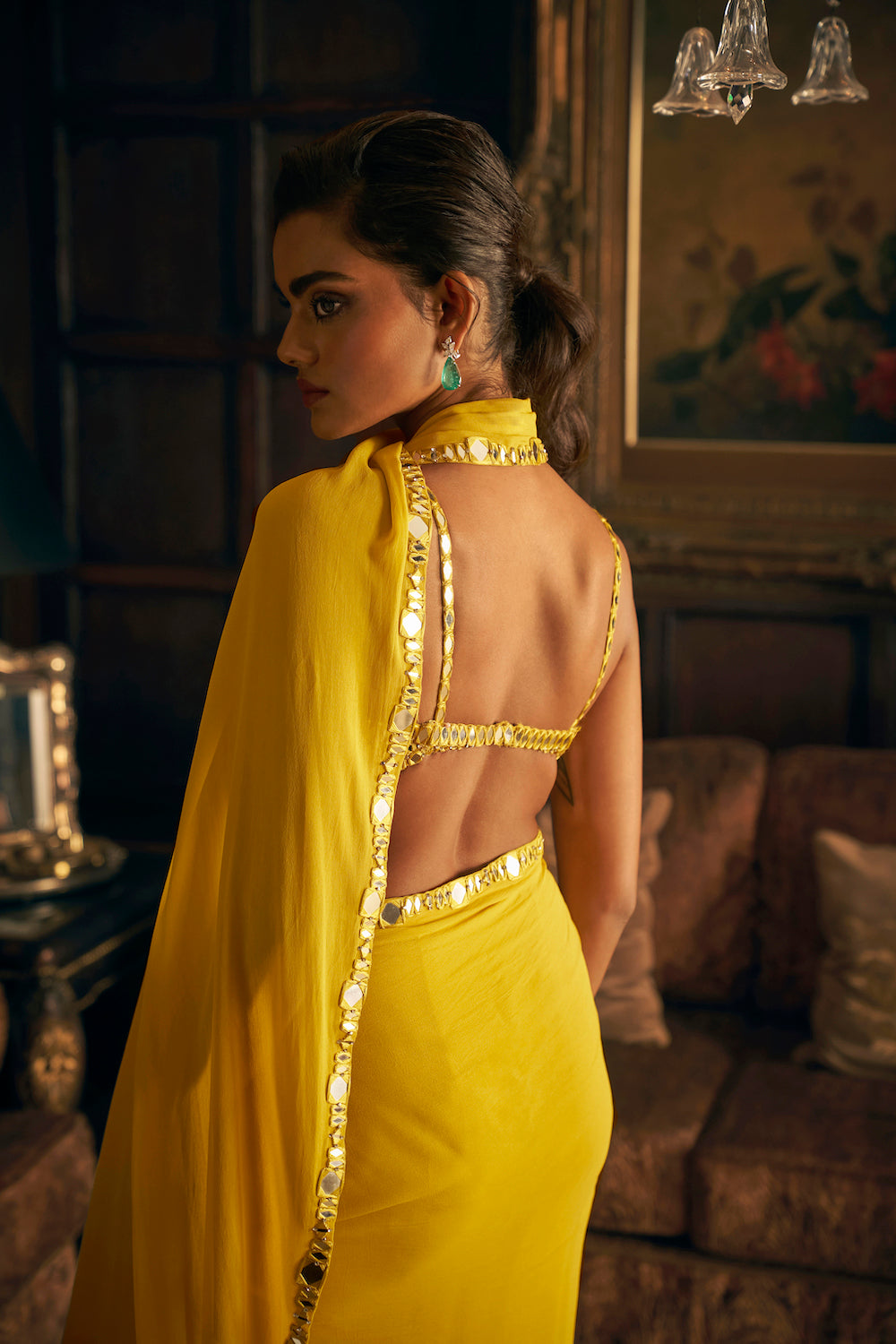 Madhuri Dixit in Yellow Mirror Work Stitched & Jacket Saree