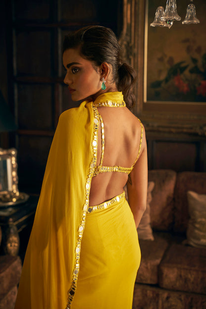 Madhuri Dixit in Yellow Mirror Work Stitched & Jacket Saree
