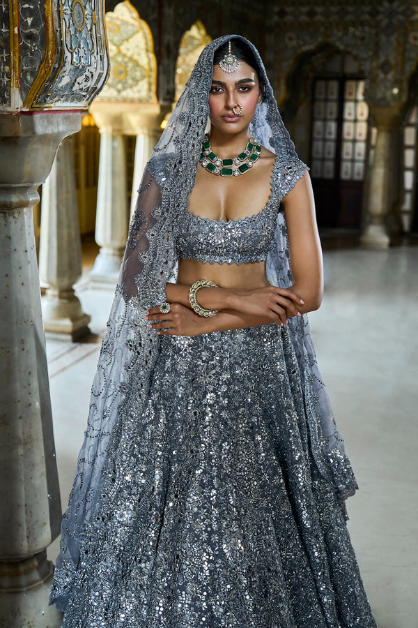 Steel Grey Mirror Work Lehenga Set