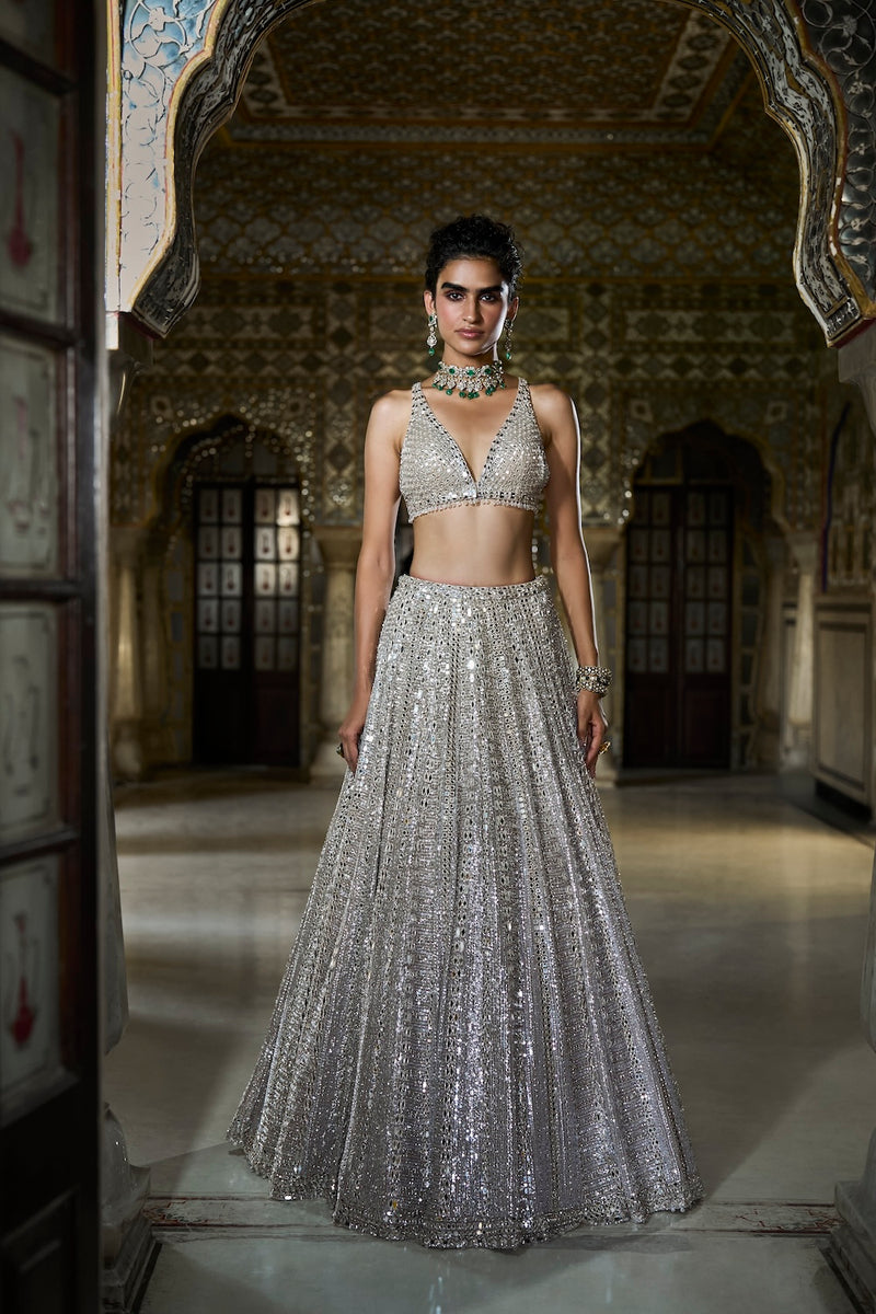 Champagne Mirror Work Lehenga Set