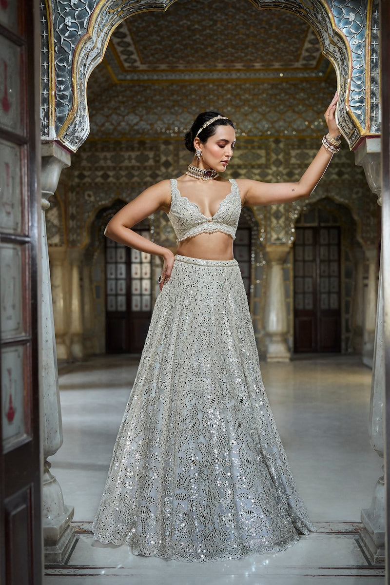 Ivory Mirror Work Lehenga Set