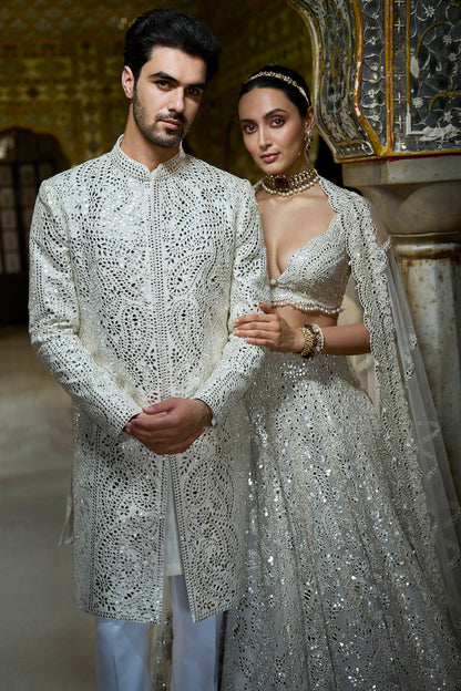 Ivory Mirror Work Sherwani Set