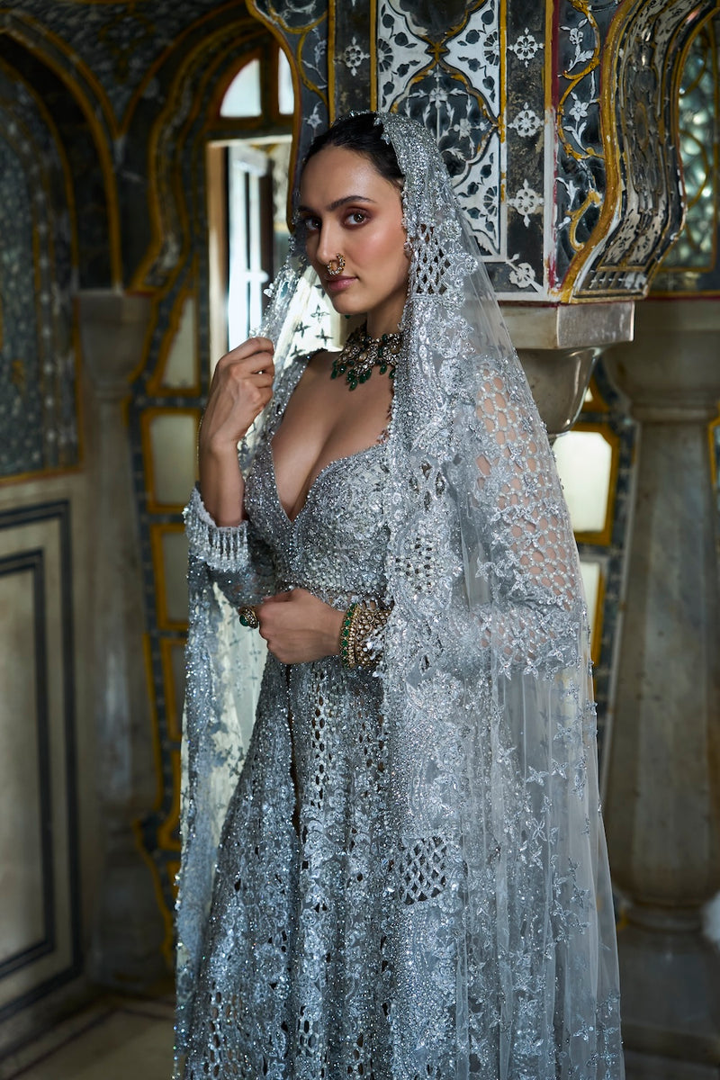 Silver Cut Work Jacket Sharara Set