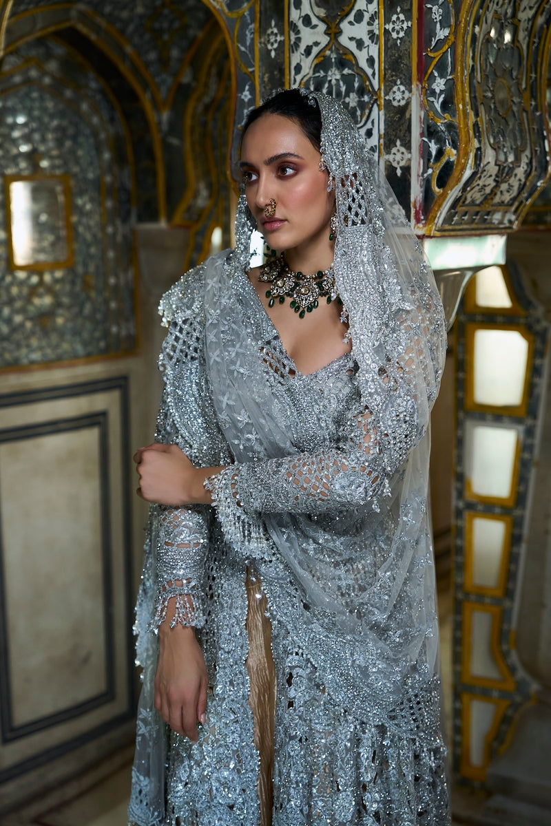 Silver Cut Work Jacket Sharara Set