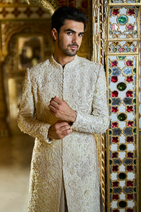 Vintage Ivory Three-Dimensional Sherwani Set