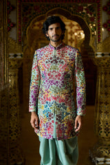 Sage Green Multi-Coloured Three-Dimensional Sherwani Set