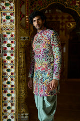 Sage Green Multi-Coloured Three-Dimensional Sherwani Set