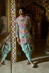 Sage Green Multi-Coloured Three-Dimensional Sherwani Set