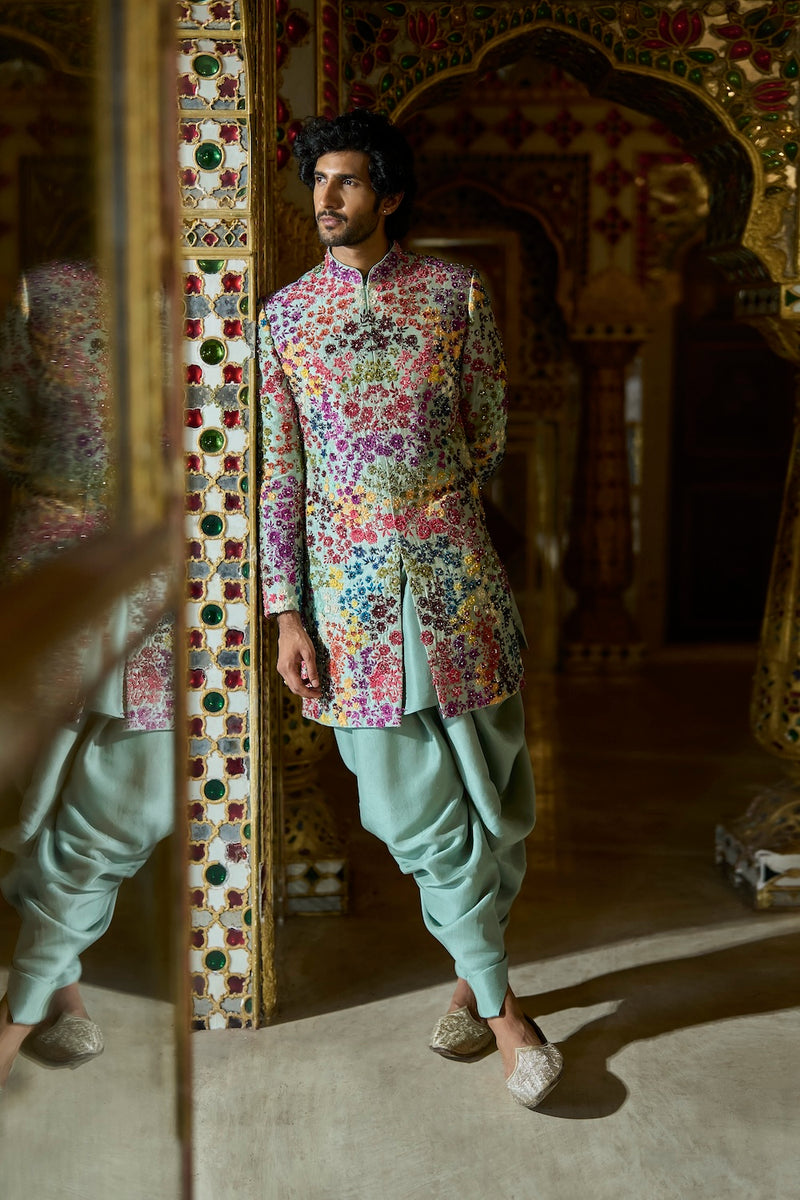 Sage Green Multi-Coloured Three-Dimensional Sherwani Set