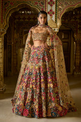 Multi-Coloured Three-Dimensional Floral Lehenga Set