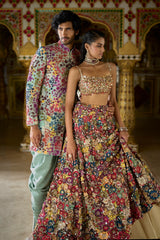 Multi-Coloured Three-Dimensional Floral Lehenga Set