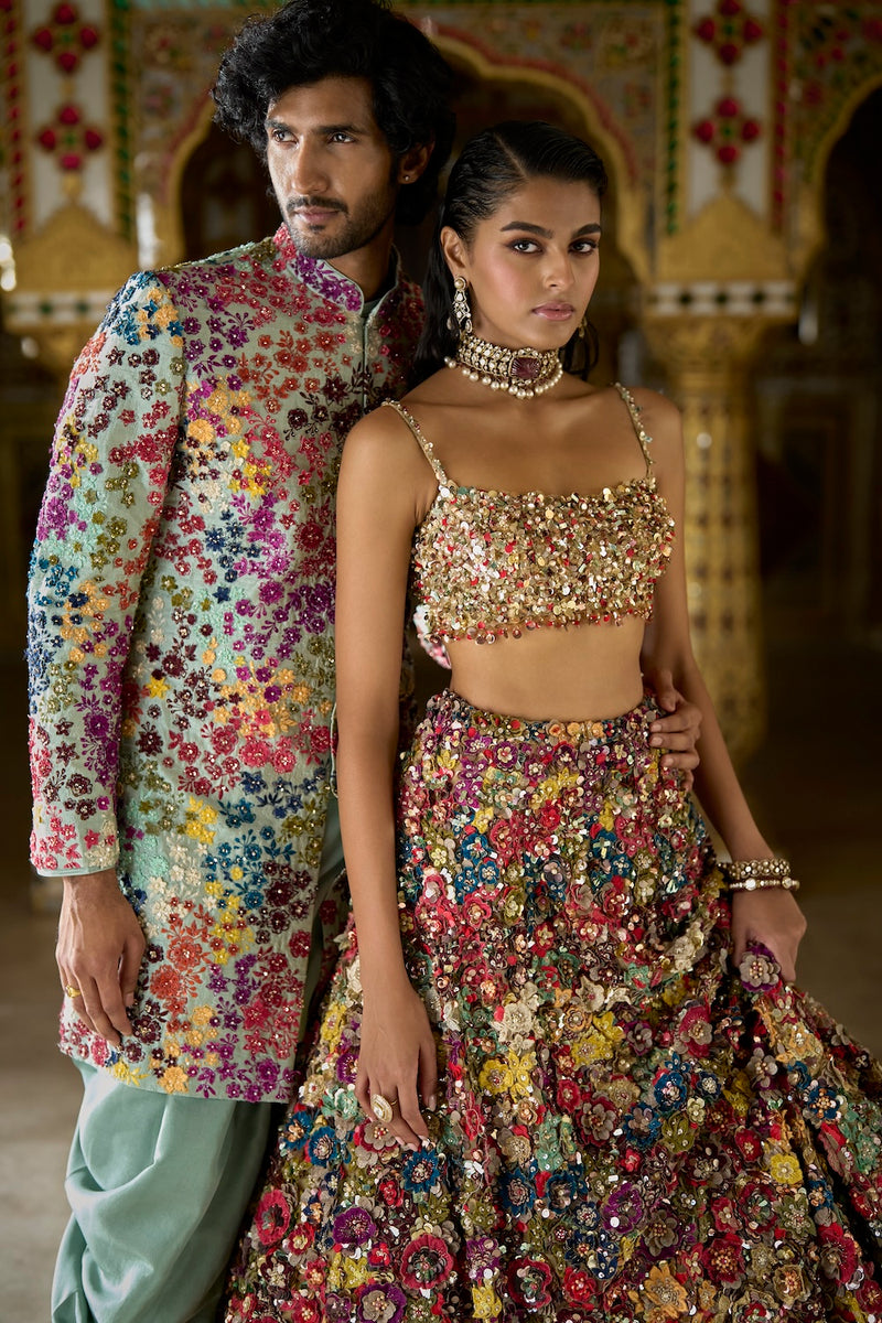 Multi-Coloured Three-Dimensional Floral Lehenga Set