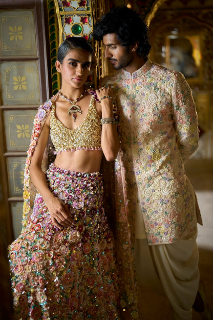 Cream Multi-Coloured Three-Dimensional Sherwani Set