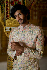 Cream Multi-Coloured Three-Dimensional Sherwani Set