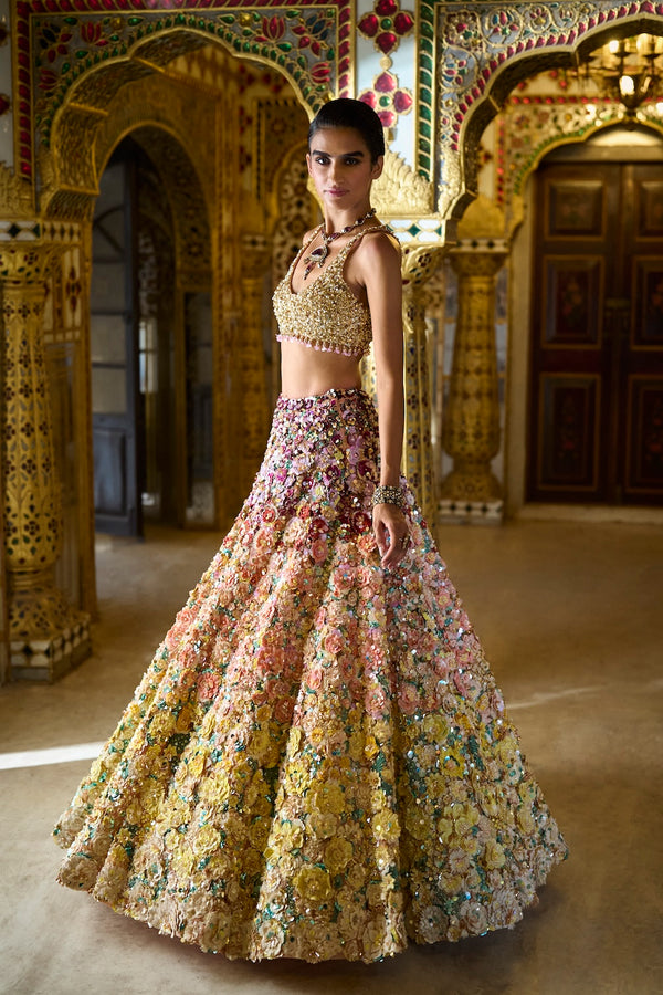 Ombre Multi-Coloured Three-Dimensional Floral Lehenga Set