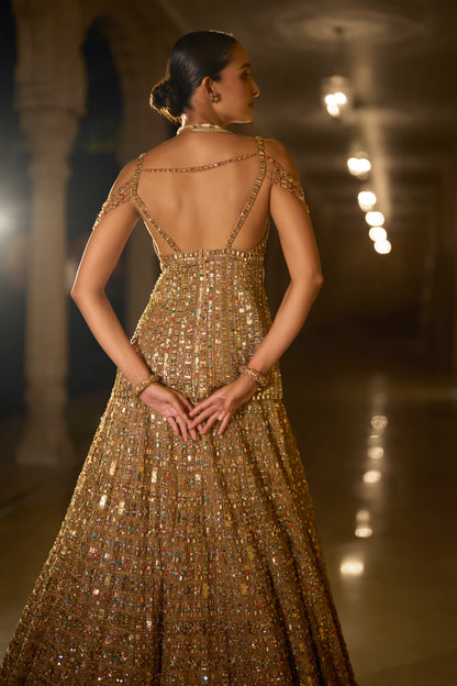 Antique Gold Multi-Coloured Stone Lehenga Set